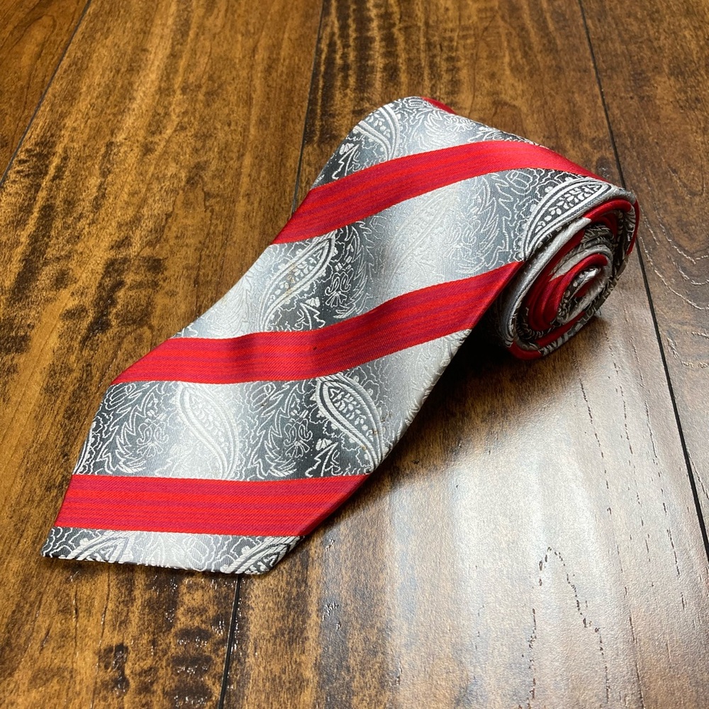 HENRI PICARD 100% Silk Men’s Tie Gray Red Striped Paisley Hand Made Necktie